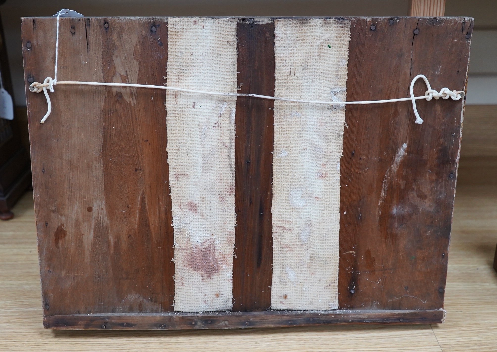 A 19th century American painted folk art diorama of a Barque, 39 x 52cm. Condition - poor to fair